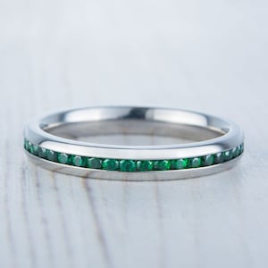 Lab Emerald 3mm Wide Full Eternity ring / stacking ring in white gold or titanium - Wedding Band - Engagement ring
