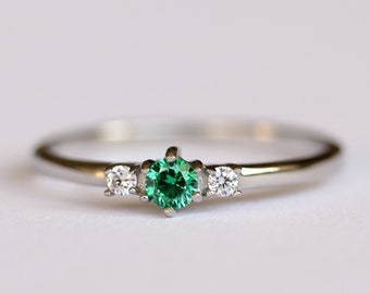 Natural Emerald and White Sapphire 3 Stone Trilogy Ring in White Gold Filled or Titanium  - Engagement Ring - Handmade Ring