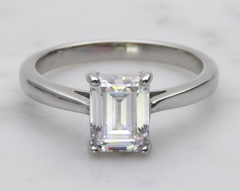 2ct Emerald Cut Solitaire cathedral ring Moissanite or simulated diamond in Titanium or White Gold