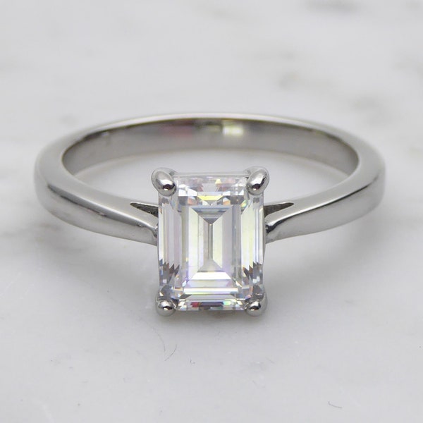 2ct Emerald Cut Solitaire cathedral ring Moissanite or simulated diamond in Titanium or White Gold