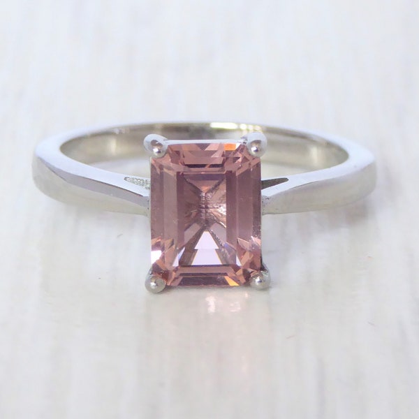 2ct Lab Morganite Emerald Cut Solitaire cathedral ring in Titanium or White Gold