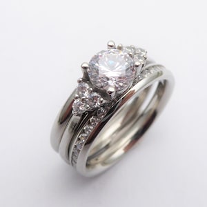 Wedding set! Man Made White Sapphire engagment ring and matching eternity & Wedding ring in Titanium or White Gold