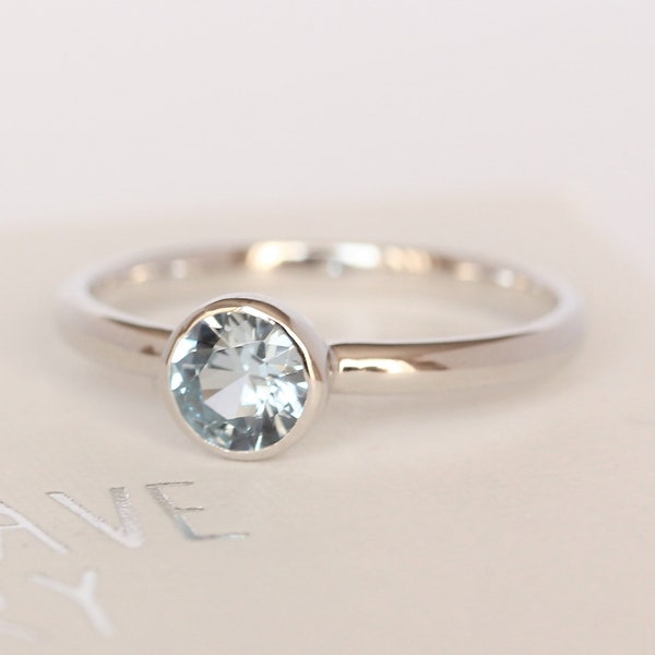 Natural Aquamarine bezel set solitaire ring - Available in white gold or sterling silver - handmade ring