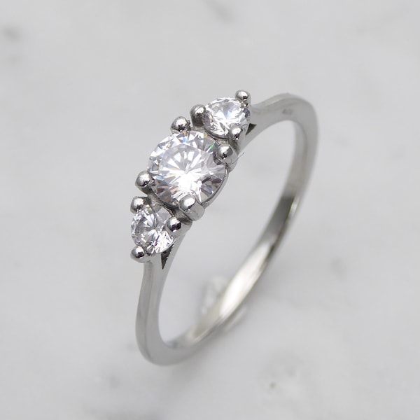 Genuine moissanite 3 stone Trilogy Ring in White Gold or Titanium  - engagement ring - handmade ring