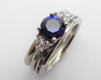 Wedding set! Blue Saphire engagment ring and matching eternity & Wedding ring in Titanium or White Gold