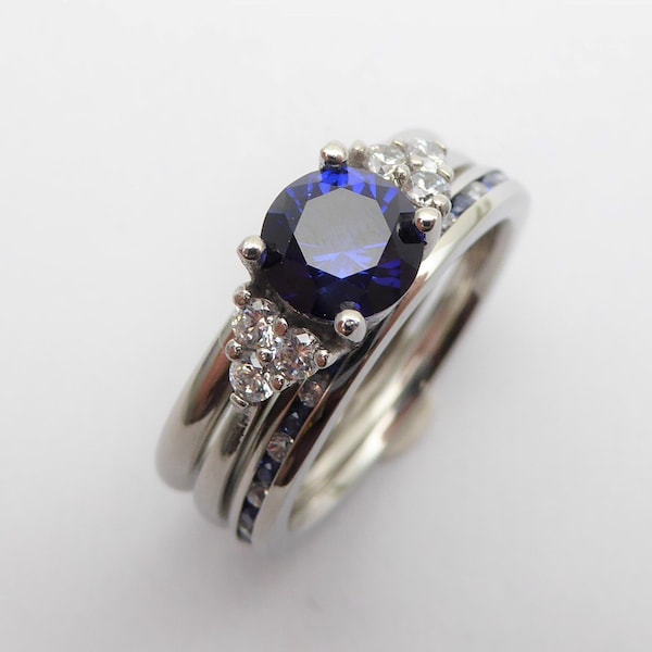 Ensemble de mariage ! Bague de fiançailles saphir bleu et éternité et alliance assorties en titane ou or blanc