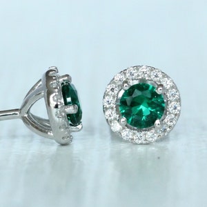 Natural Emerald & Genuine Moissanite Halo stud earrings in Sterling silver