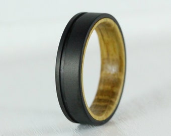 6mm Titanium & Whiskey barrel wood Wedding ring band for men and women - black