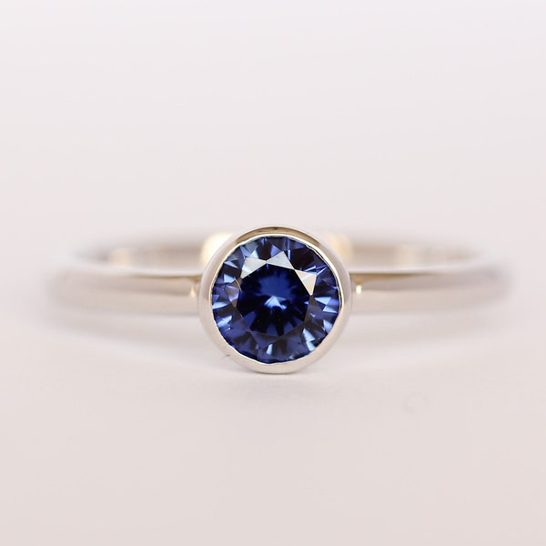 Lab Blue Sapphire bezel set solitaire ring - Available in white gold or sterling silver - handmade ring