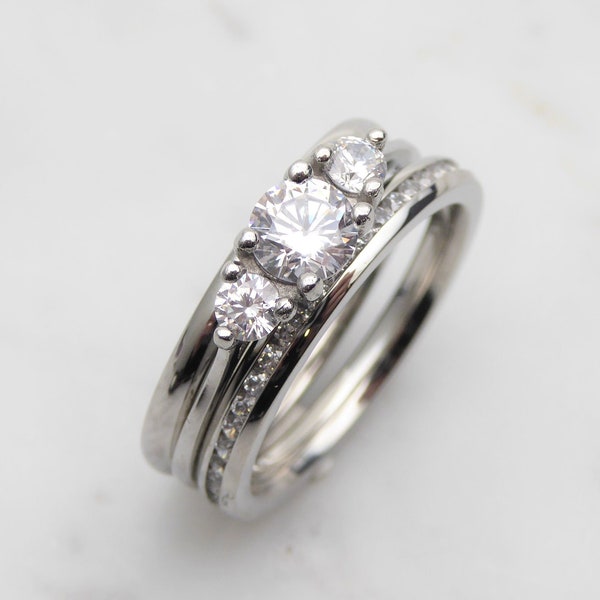 Genuine moissanite Bridal Ring Set in White Gold or Titanium  - engagement ring - handmade ring