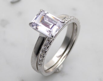 Wedding Set 1.9ct Emerald cut solitaire and half eternity simulated diamond ring available in Sterling Silver or White Gold Filled