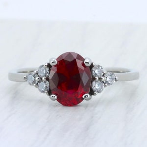 Ruby and moissanite Oval  3 stone engagement Ring in White Gold or Titanium  - engagement ring - handmade ring