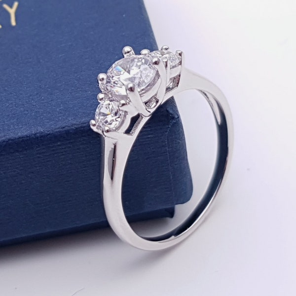 Solid Gold Trellis Man Made Diamond Simulant 3 stone trilogy ring in 9k, 14k, 18k yellow, rose or white gold - engagement ring