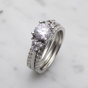 Wedding set! Man Made White Sapphire engagment ring and matching eternity & Wedding ring in White Gold filled