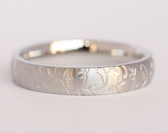 4mm wide Brushed White gold & Titanium with engraved detail Wedding ring band for men and women