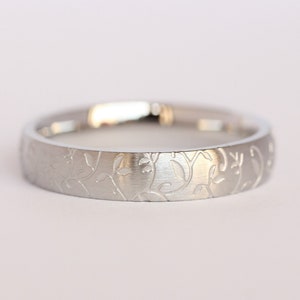 4mm wide Brushed White gold & Titanium with engraved detail Wedding ring band for men and women