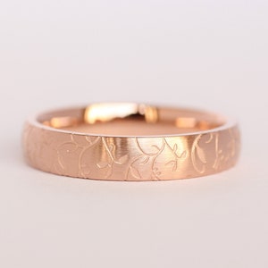 4mm wide 18K Rose Gold and Brushed Titanium with engraved detail Wedding ring band for men and women