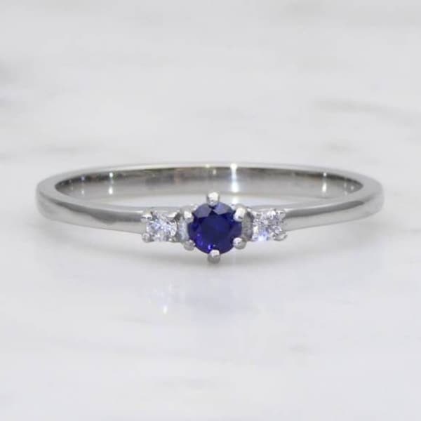 Natural Blue Sapphire and White Sapphire 3 stone Trilogy Ring in White Gold or Titanium  - engagement ring - handmade ring