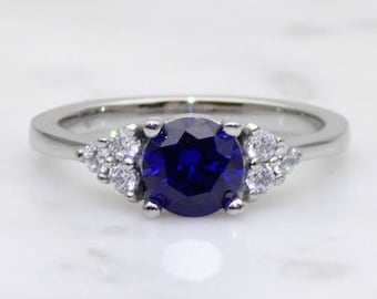 Blue Sapphire & Man Made Diamond Simulant ring available in white gold or Titanium - engagement ring - wedding ring