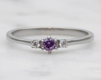 Natural Amethyst and White Sapphire 3 stone Trilogy Ring in White Gold or Titanium  - engagement ring - handmade ring