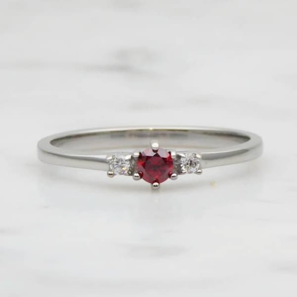 Natural Garnet and White Sapphire 3 stone Trilogy Ring in White Gold or Titanium  - engagement ring - handmade ring