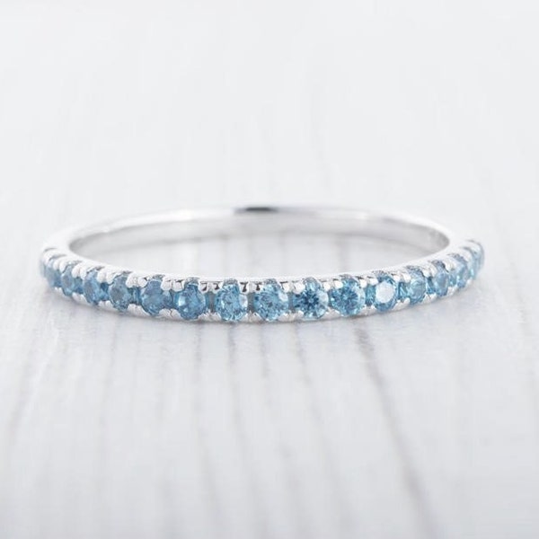 2mm wide natural blue topaz Half Eternity ring  in titanium, white gold or Silver - stacking ring - wedding band