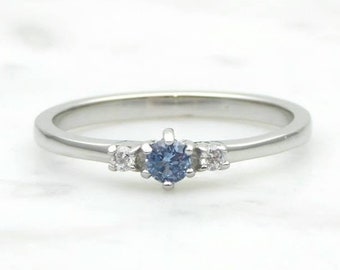 Natural Aquamarine and White Sapphire 3 stone Trilogy Ring in White Gold or Titanium  - engagement ring - handmade ring