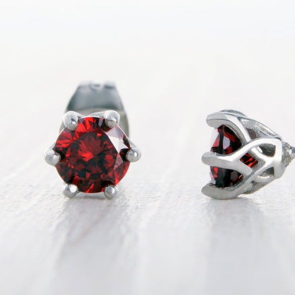 Natural Garnet stud earrings, available in titanium, white gold and surgical steel 4mm & 5mm sizes