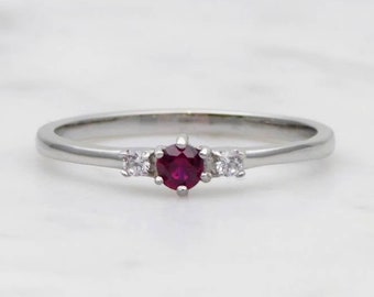 Natural Ruby and White Sapphire 3 stone Trilogy Ring in White Gold or Titanium  - engagement ring - handmade ring