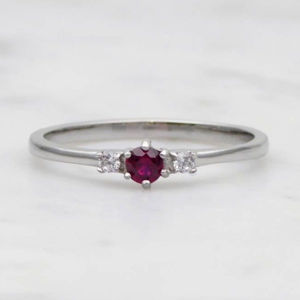 Natural Ruby and White Sapphire 3 stone Trilogy Ring in White Gold or Titanium  - engagement ring - handmade ring