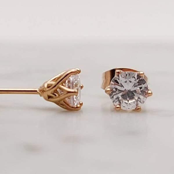 Man Made Diamond Simulant stud earrings in Rose gold and titanium, available 4mm, 5mm or 6mm sizes