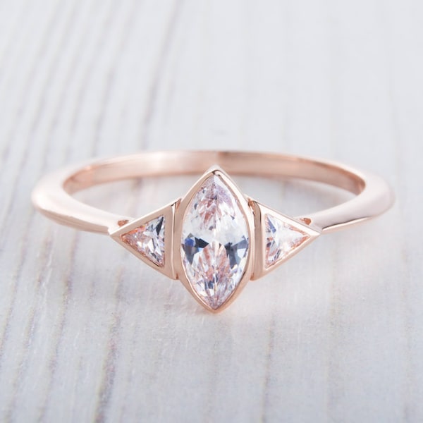 ON SALE! 10ct Rose gold ring with Marquise and Trillion cut Man Made Diamond Simulants - handmade engagement ring