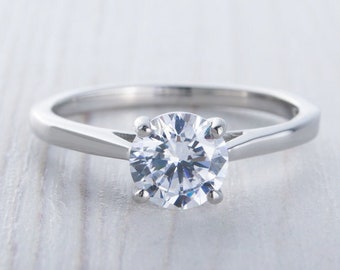 1ct Man Made Diamond Simulant solitaire cathedral ring in Titanium or White Gold - engagement ring - wedding ring - handmade ring