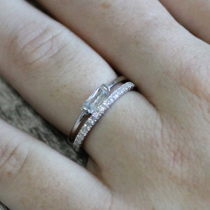 Man Made Diamond Simulant Stacking rings - Radiant solitaire ring and half eternity band - available in white gold or Silver