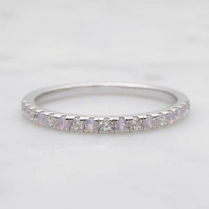 Opal & Man Made Diamond Simulant 1.8mm wide Half Eternity ring  in titanium, white gold or Silver - stacking ring - wedding band