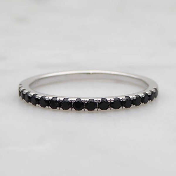 Black Onyx 1.8mm wide Half Eternity ring  in white gold or Silver - stacking ring - wedding band - handmade engagement ring