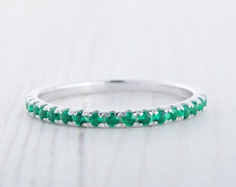 1.8mm wide Natural Emerald Half Eternity stacking ring  in white gold or Silver - stacking ring - wedding band - handmade ring