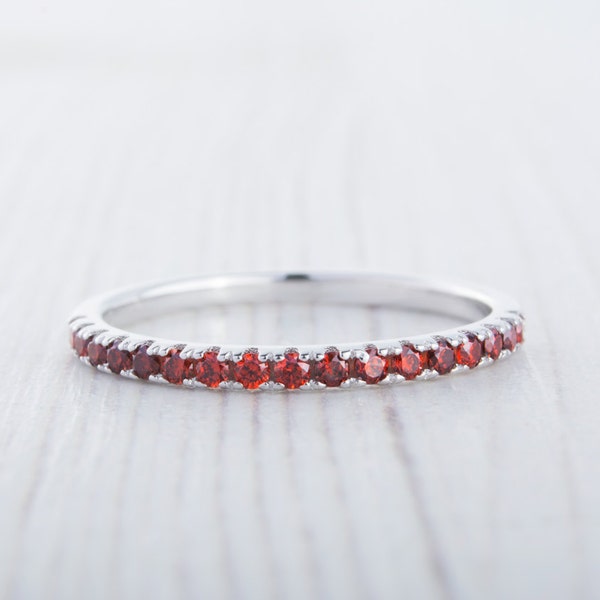 1.8mm wide Garnet Half Eternity ring  in white gold or Silver - stacking ring - wedding band - handmade engagement ring