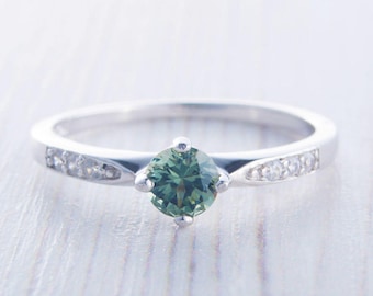 Green Sapphire Solitaire engagement ring  - Available in white gold or sterling silver - handmade ring