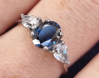 Royal Blue and White Genuine moissanite Oval & pear cut 3 stone Trilogy Ring in White Gold or Titanium  - engagement ring - handmade ring