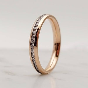 3mm Wide Man Made Diamond Simulant Full Eternity ring / stacking ring in rose gold filled Wedding Band Engagement ring image 1