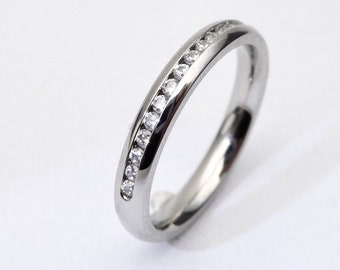 3mm Wide Man Made Diamond Simulant HALF Eternity ring / stacking ring in white gold or titanium - Wedding Band - Engagement ring