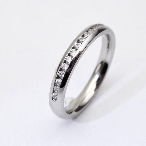 3mm Wide Man Made Diamond Simulant HALF Eternity ring / stacking ring in white gold or titanium - Wedding Band - Engagement ring