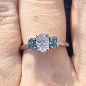 Teal & White moissanite Oval Ice cut 3 stone Trilogy Ring in White Gold Filled or Titanium  - engagement ring - handmade ring