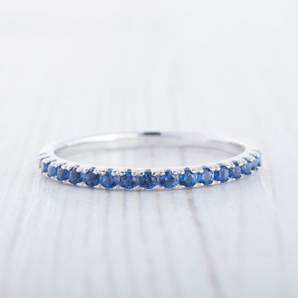1.8mm wide Lab Blue Sapphire Half Eternity ring in white gold or Silver - stacking ring - wedding band - handmade engagement ring