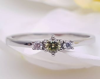 Natural Peridot and White Sapphire 3 stone Trilogy Ring in White Gold or Titanium  - engagement ring - handmade ring