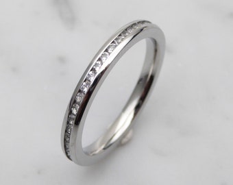 Genuine moissanite 2.5mm Wide Full Eternity ring in white gold filled or titanium - Wedding Band - Engagement ring