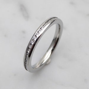 Genuine moissanite 2.5mm Wide Full Eternity ring in white gold filled or titanium - Wedding Band - Engagement ring