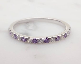 1.8mm wide Amethyst and diamond Half Eternity ring - stacking ring - wedding band in white gold or Silver