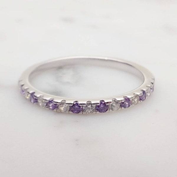 1.8mm wide Amethyst and diamond Half Eternity ring - stacking ring - wedding band in white gold or Silver